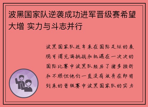 波黑国家队逆袭成功进军晋级赛希望大增 实力与斗志并行